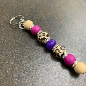 Purple and Leopard Print Beaded Keychain